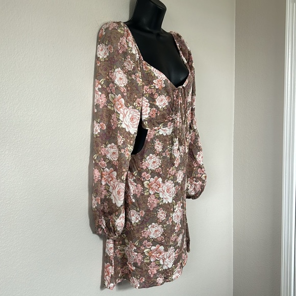 Forever 21 Brown Floral Cut Out Puff Long Sleeve Tie Neck Mini Dress - Picture 10 of 15